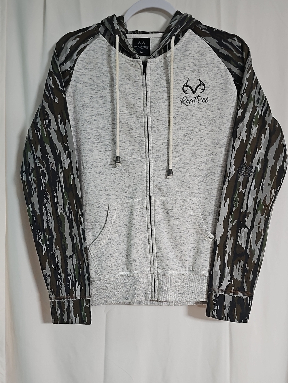 Realtree Heather Gray Zip Hoodie with Green Camo Sleeves
